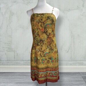 Vintage 90s Mini Sundress Size M Beaded Straps Green Paisley Border Print